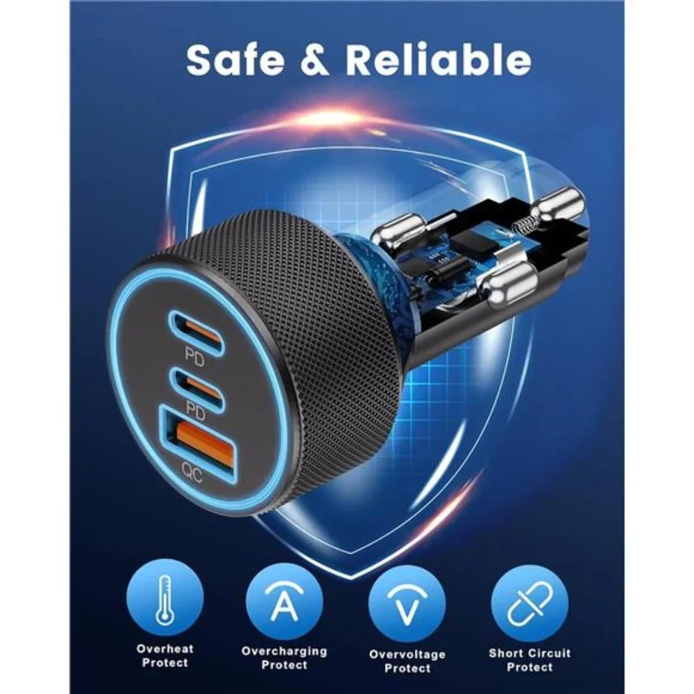 USB C Car Charger, 3-Port 67W Dual USB-C & USB-A Car Power Adapter PD/QC Fast